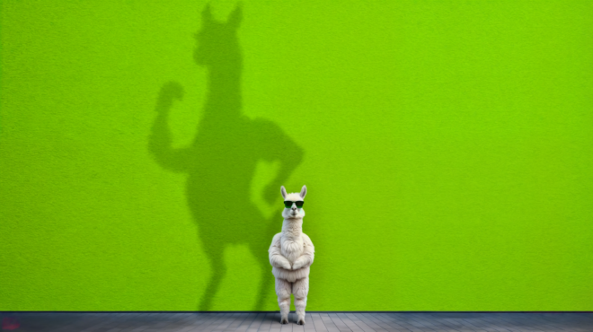 Decorative image of a llama in sunglasses standing on two feet, with a shadow that is flexing it's muscles.