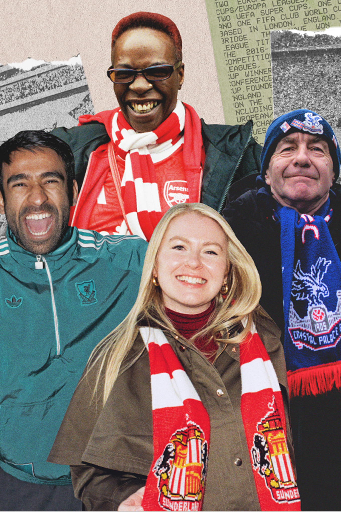 Four smiling football fans wearing team scarves and jackets stand together. Visible team colors include red and white for Arsenal and Sunderland, green for Liverpool, and blue and red for Crystal Palace.
